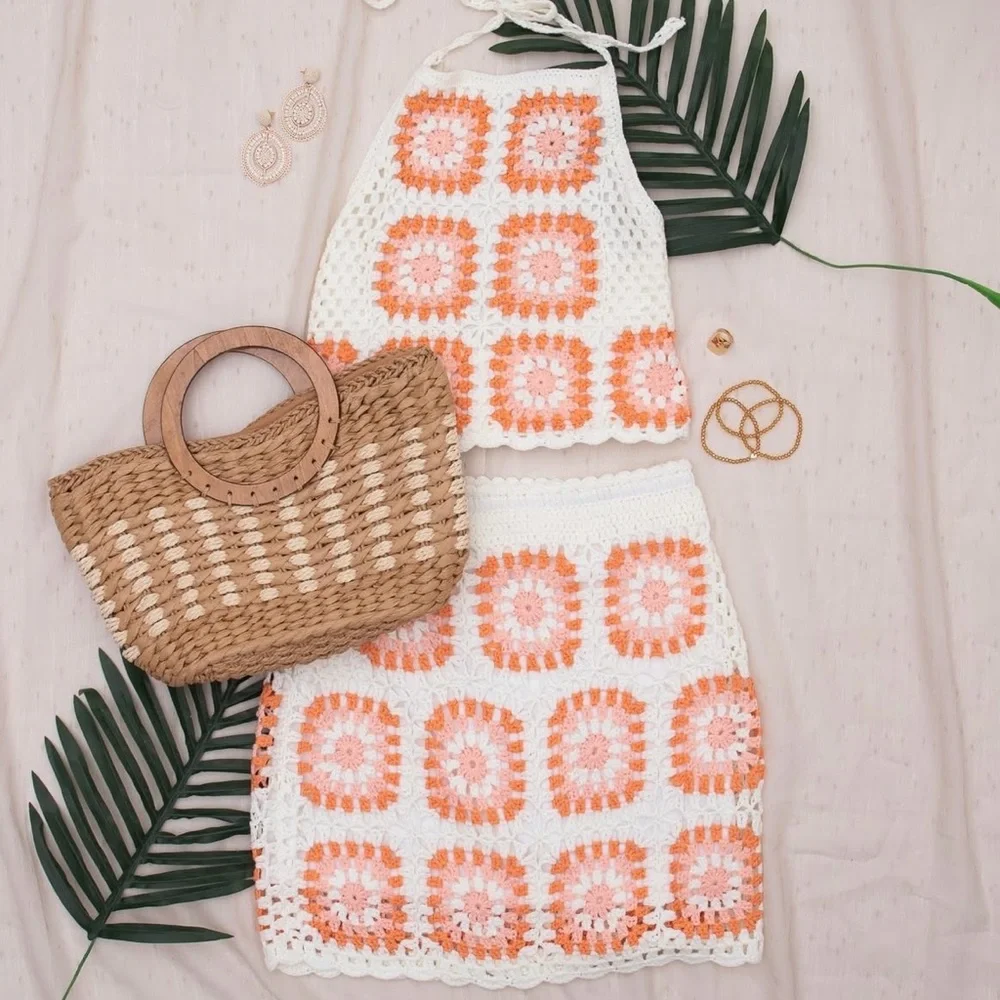 Pink Lily| size medium| pink & orange squared away crochet tank and skirt set - Picture 1 of 11